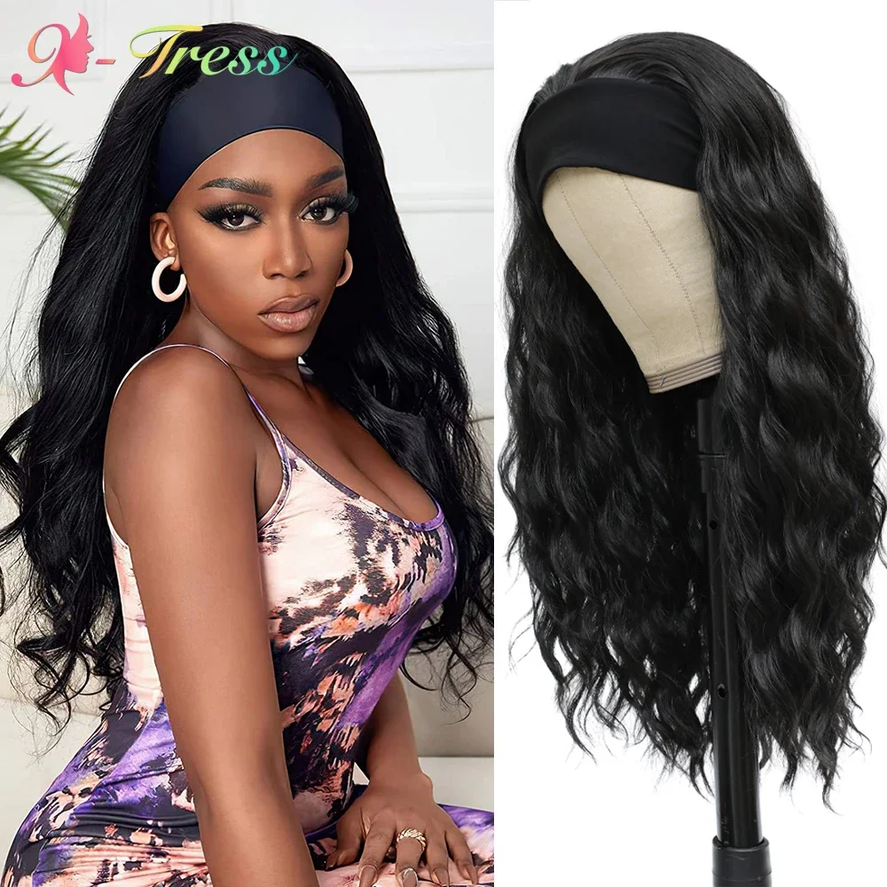 X-TRESS Natural Wave Headband Wigs for Black Women Glueless Natural Black Long Wavy Machine Made Synthetic Wig Heat Resistant