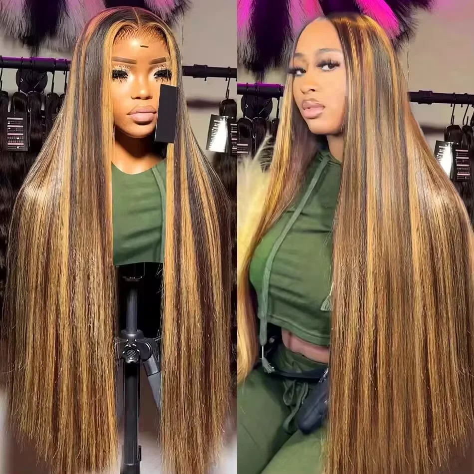 

13x6 HD Transparent Lace Front Wigs 46 inches p4-27 highlight straight human hair 200 Density Brazilian Human Hair For Women