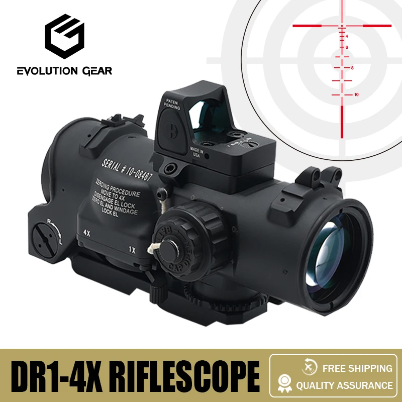 Tactical RifleScope DR 1-4x Fixed Dual Field of View Red Illumination Scope Sight with Full Markings for Airsoft and Hunting