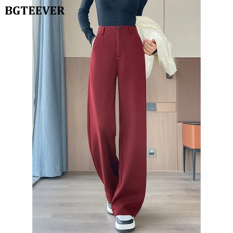 BGTEEVER Winter Loose Floor-Length Ladies Woolen Trousers High Waist Pockets Thicken Velvet Winter Women Long Pants