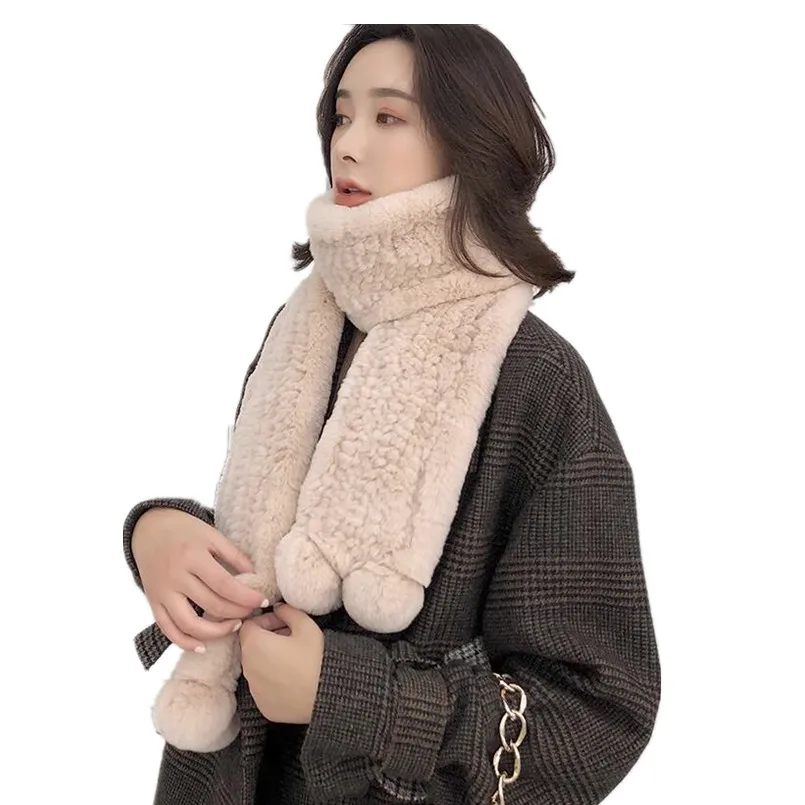 

New Winter Knitted Real Rex Rabbit Fur Scarf Long Women Warm Fluffy Scarves with Pompom