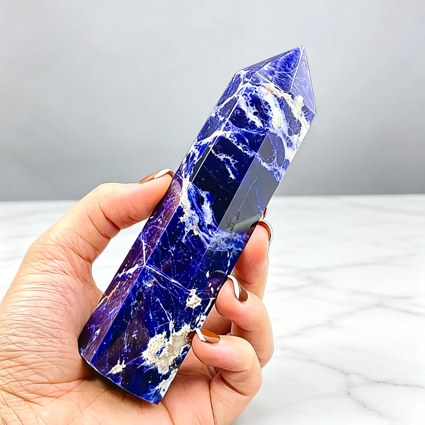1pc Natural Blue Vein Stone Crystal Point, Natural Blue and White Patterned Surface, Approx. 2.36–3.94 Inches