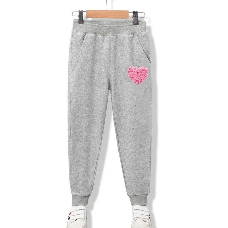 New Arrival Kids Elastic Pants Spring Autumn Cotton Girls Flower Heart Print Pocket Jogger Sweatpants Girls Clothing 3-14 Years