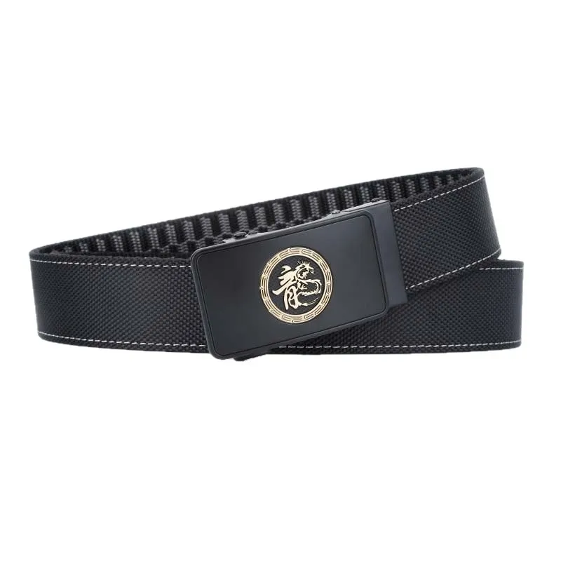 Men's denim belt Dragon badge China-Chic alloy automatic buckle casual commuting new Chinese canvas nylon belt