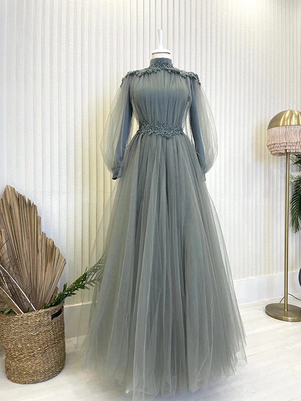 

Long Sleeve Prom Dresses for Women 2022 Puffy Tulle Appliques Evening Formal Party Gowns High Neck Robes De Soirée