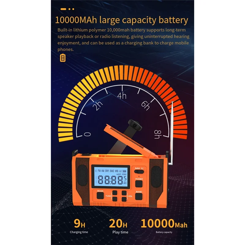 -A25M noodweerradio, 10000 mAh weerwaarschuwingsradio op zonne-energie, handslinger en opgeladen via USB, AM/FM-radio, eenvoudig te gebruiken D