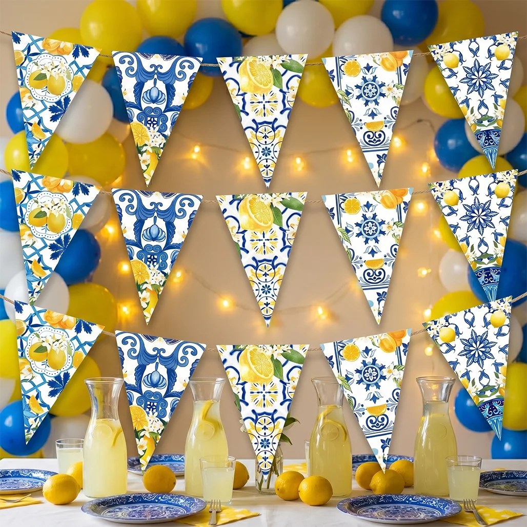 Guirnalda De Banderines De Limón Azulejo Azul Estilo Mediterráneo Banderas Triangulares Decoración Para Fiesta De Verano Cumpleaños Boda Despedida De Soltera Fondo Fotográfico Alta Calidad