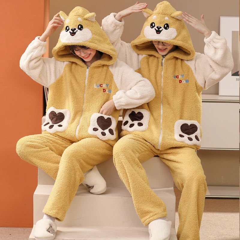 Couple Pajamas Sets Warm Thick Flannel Sleepwear Plush Winter Zipper Pajama Sets Cartoon Shiba Inu Hoodies Female Male Pyjamas