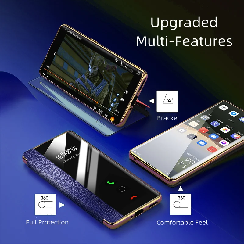 Luxury Litchi Pattern Genuine Leather Smart Case for Huawei P30 P40 P50 Pro Auto Wake Up & Sleep Smart Window View Flip Case