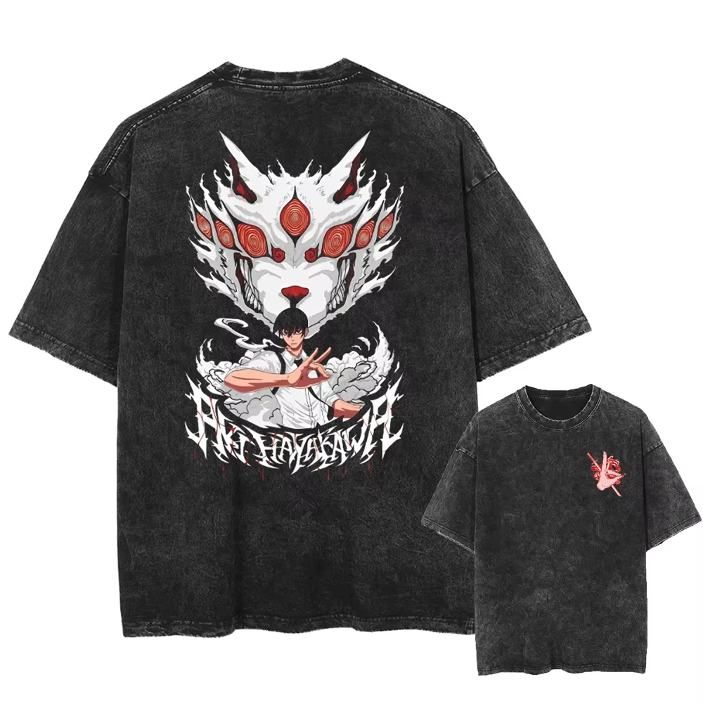 

Summer Men's T-shirt Anime Chainsaw Man Printed Washed Vintage Loose Fit Women's Short-sleeved Tee Oversized Gym Y2k Clothes Top