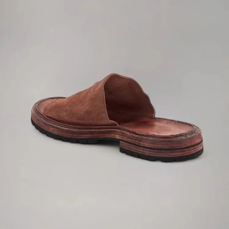Retro Handmade Genuine Leather Sandals Men's Clip on Slippers Fashion Washed Breathable Outdoor Lightweight Casual Summer Shoes