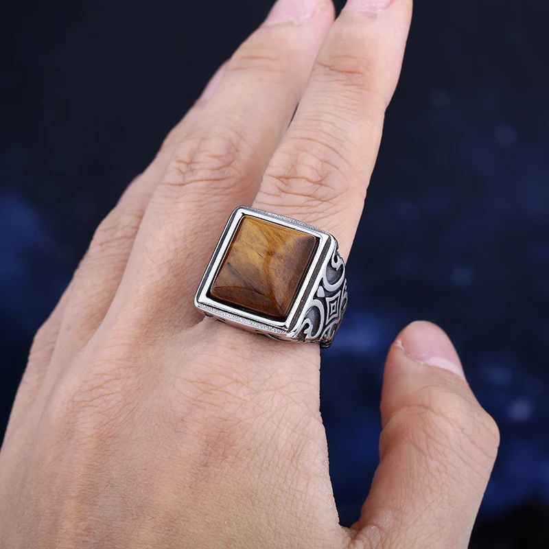 Middle East 2024 New Stainless Steel Tiger Eye Stone Ring With Pattern Anels For Man Women Fashion Couple Jewelry