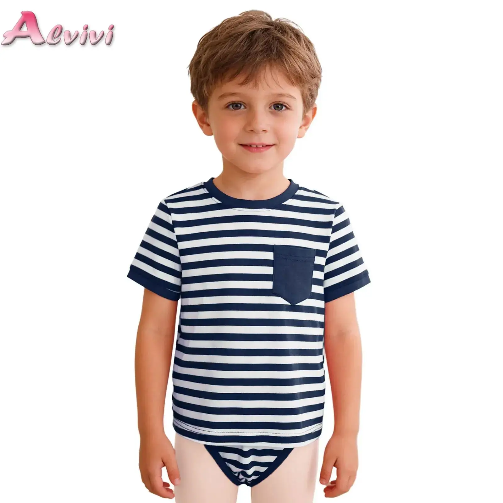 

Kids Boys Girls Special Needs Adaptive Clothing Round Neck Short Sleeve Press Buttons Open Crotch Striped Leotard Bodysuit