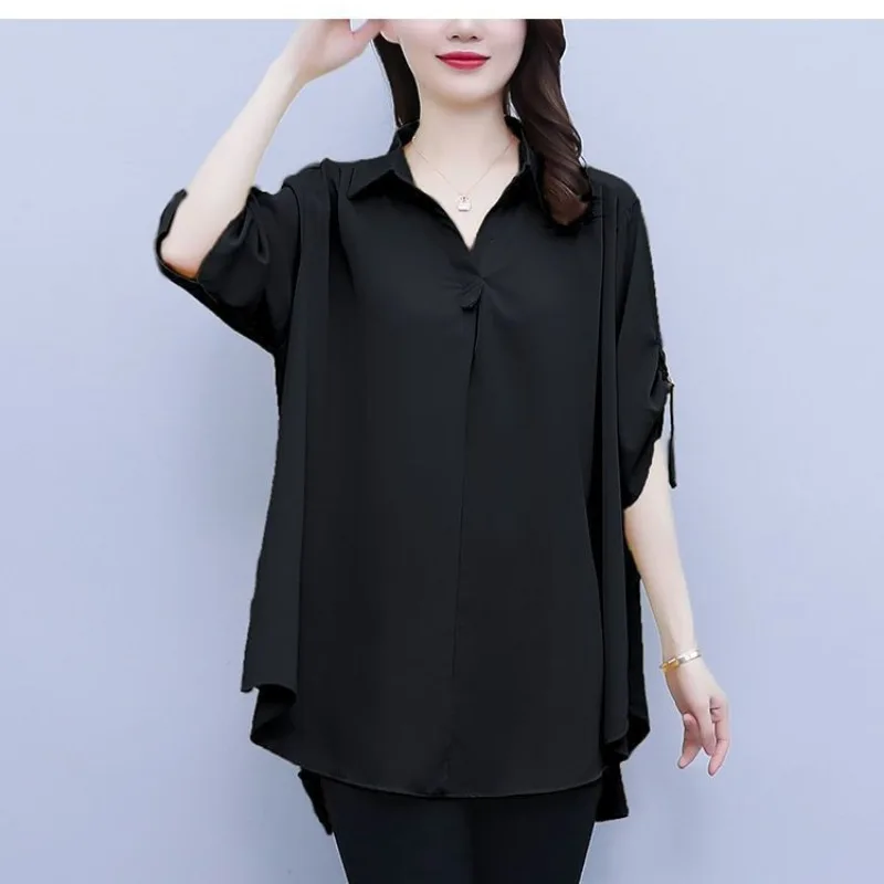 Korean summer solid color women\'s Turn down Collar Asymmetric temperament casual short sleeve loose mid length Chiffon shirt top