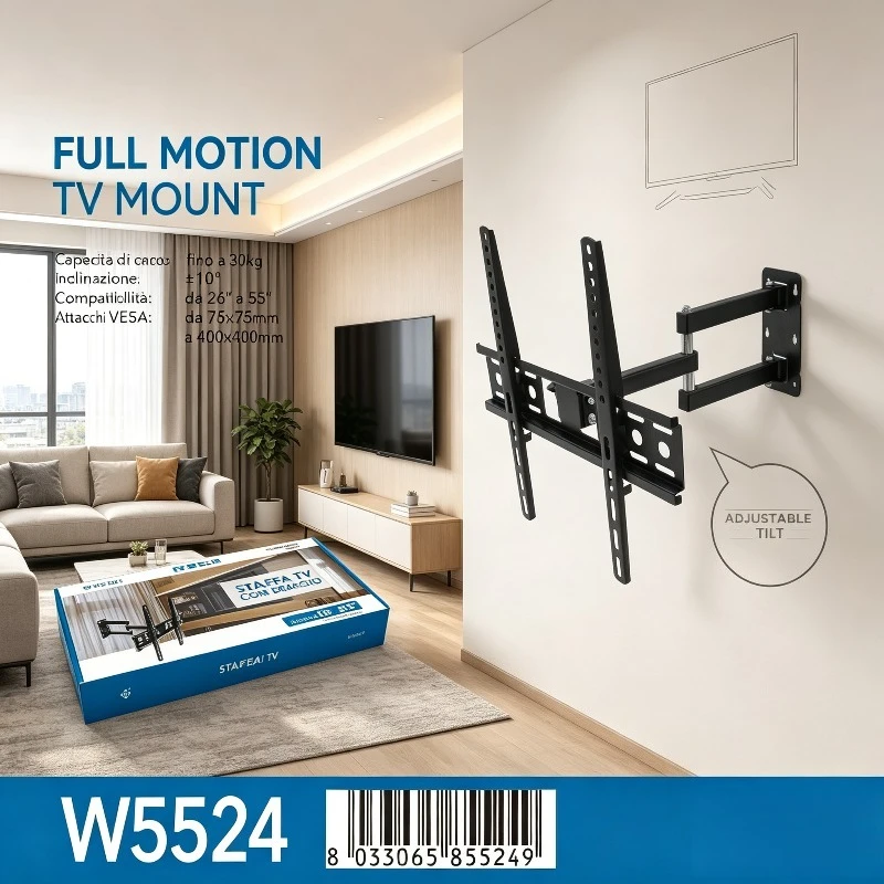 Soporte de pared para TV WETECH W5524 compatible con VESA, carga máxima de 30 kg, para pantallas de 26 a 55 pulgadas, ideal para configuraciones de televisión que ahorran espacio en espacios abiertos tipo estudio.