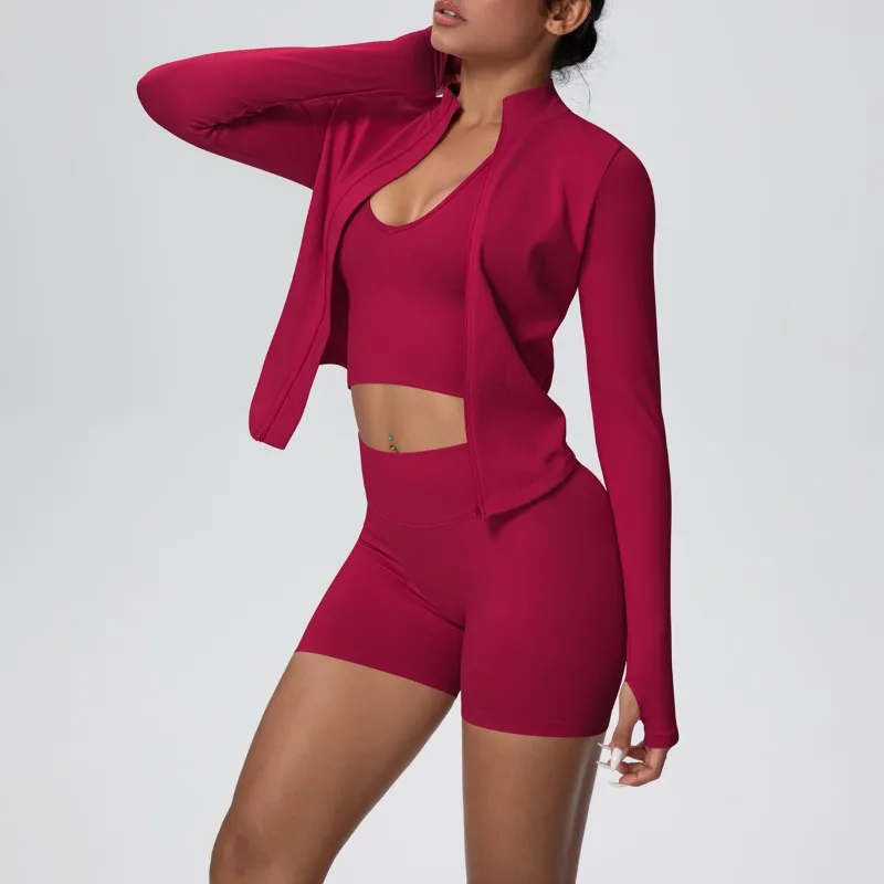 

Женский бесшовный комплект для йоги, спортивный жилет, куртка на молнии, узкие шорты с подъемом бедер, повседневный спортивный комплект для бега, фитнеса, комплект из 3 предметов