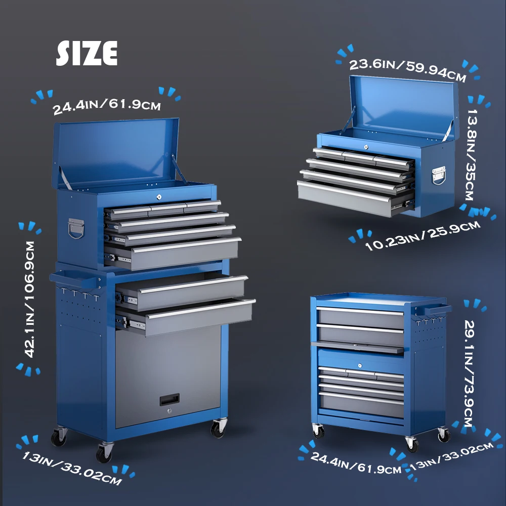 Wheeled rolling toolbox, detachable top box, 8-drawer tool cabinet with hooks, tool storage cabinet in workshop garage