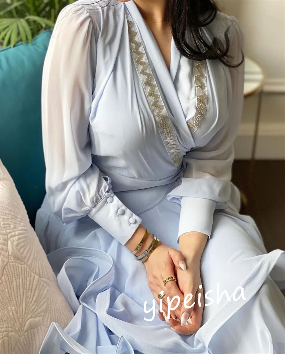 Jiayigong-الشيفون كشكش Quinceanera a-line-neck V-Neck ثوب متوسط الطول ، المملكة العربية السعودية ، مناسبة مخصصة