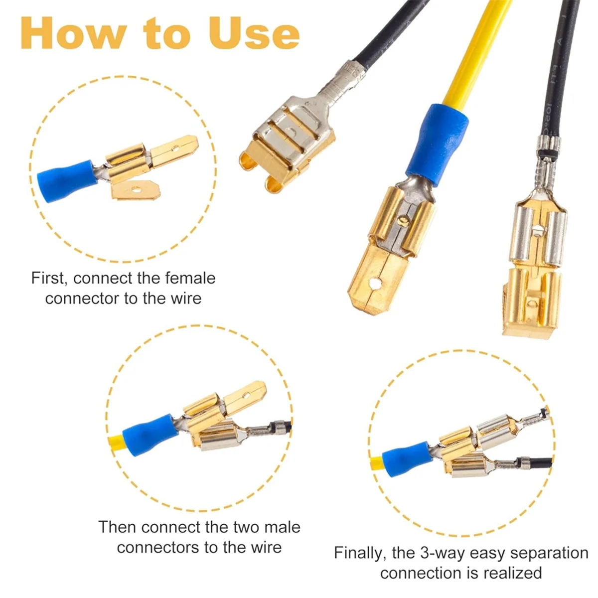 Dual Male Piggyback Spade Connectors, 3 Way Electrical Female Male Spade Crimp Terminals Assortment Kit Gold