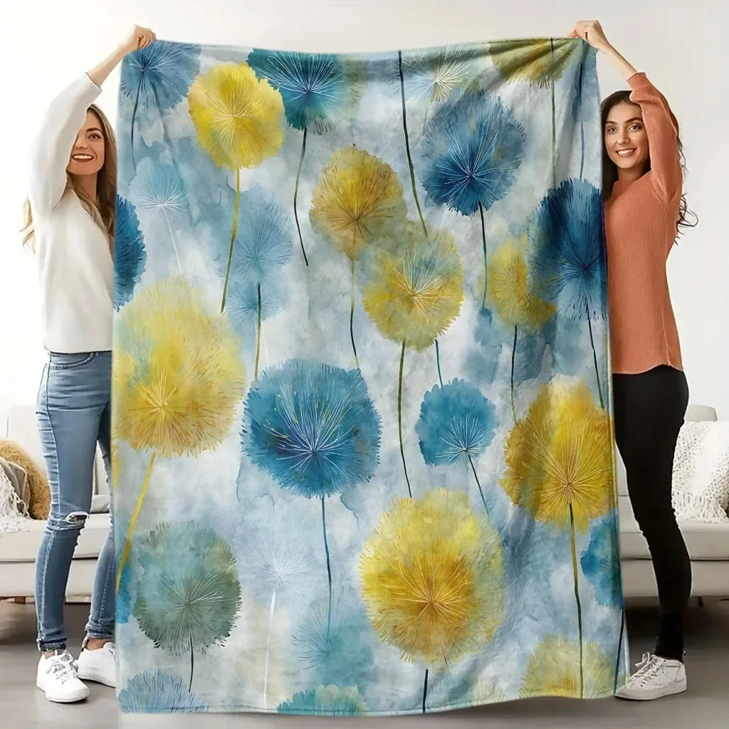 Blue and yellow dandelion watercolor fog blanket, soft and warm sofa blanket for autumn and winter