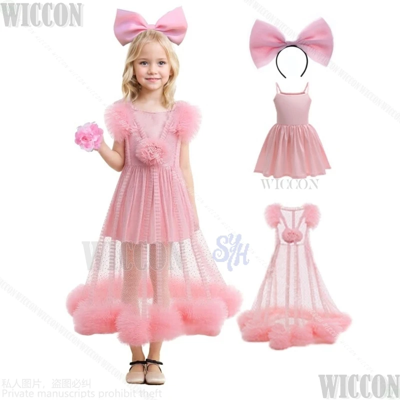Vestido sin mangas de encaje transparente peludo con flores Kawaii para niños, bonito chaleco de Lolita, Cosplay de película de Halloween Wickeddd Comic Con Cos