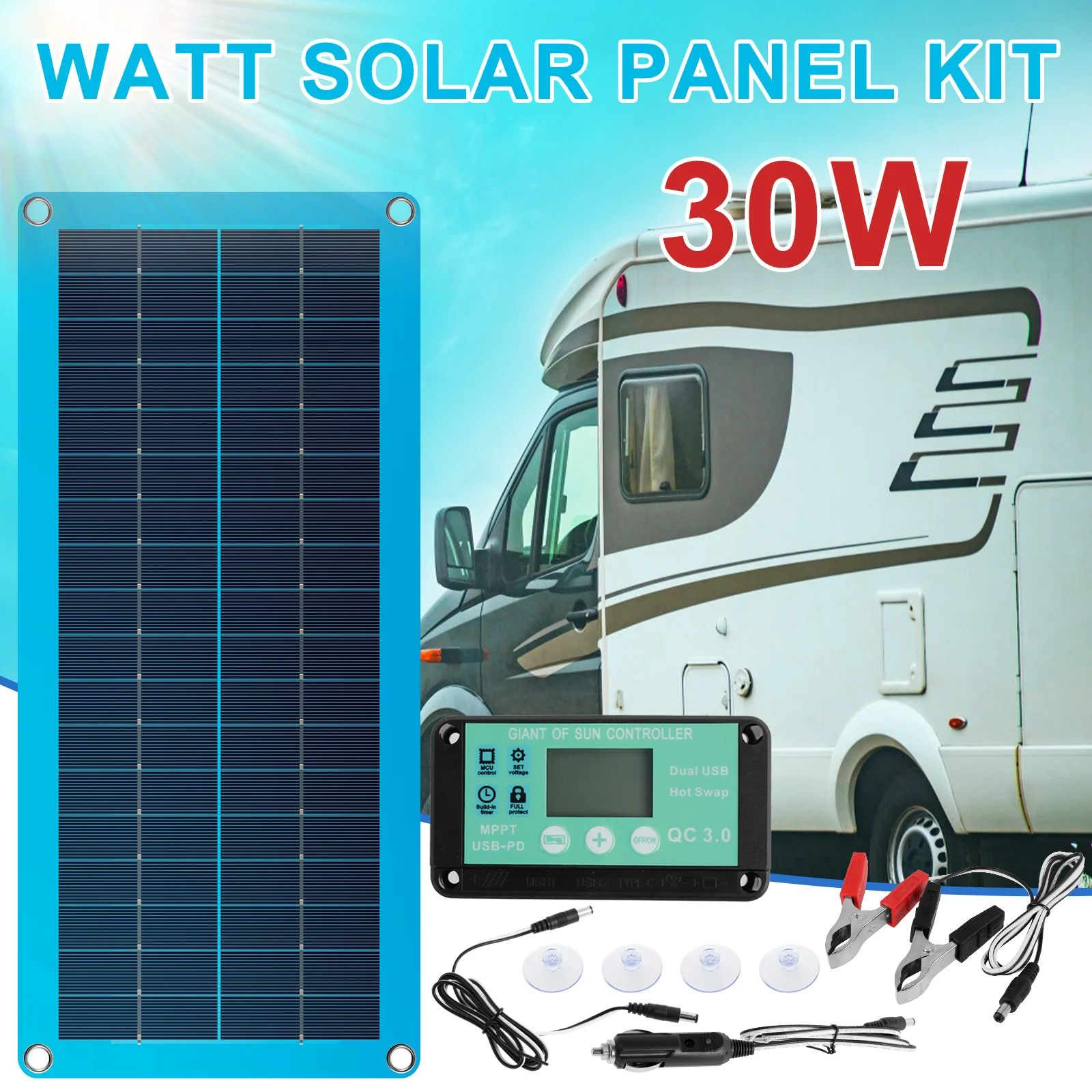 30W Solar Panel IP68 Waterproof 12V USB Camping Solar Panels Practical Solar Panel Kit Portable Battery Charger