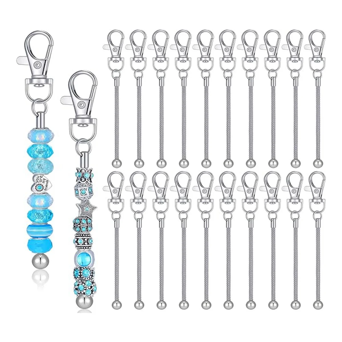 

AB72-20Pcs Beaded Keychain Strips Bulk Blank Silver Beads Keychain Crafts Accessories European Large Hole Jewelry
