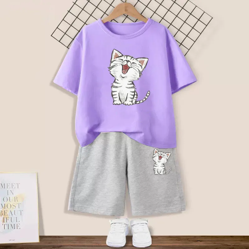 Girls Happy Cat Printed 2PC Outfit Set Summer Fashion Short Sleeve T-Shirt And Shorts Combo Cute Kids Clothing