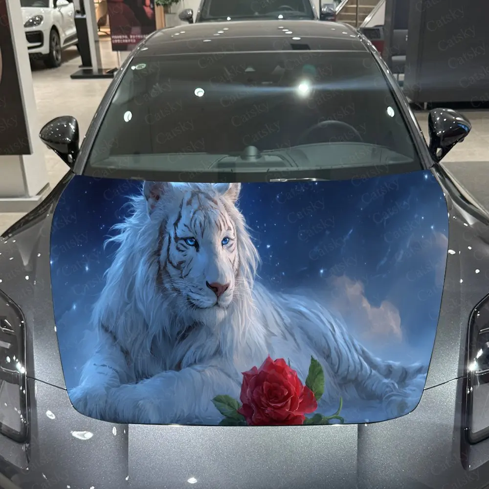 White Tiger Red Rose Fantasy Natural PVC Car Hood Wraps, Self-Adhesive Waterproof Car Bonnet Decal Sticker, Car Decoration Prote
