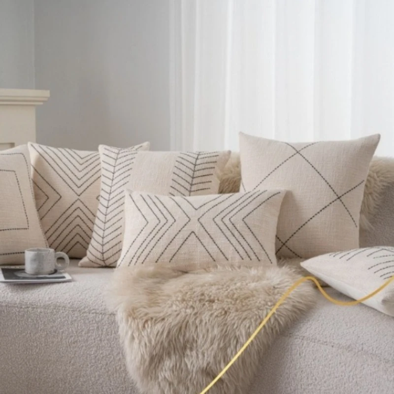 45x45cm Cotton Linen Cushion Cover Modern Geometric Embroidered Throw Pillow Case for Sofa, Bed, Living Room Boho Home Decor