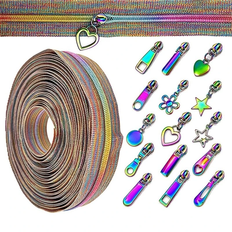 ABKW-Rainbow Zippers For Sewing(5), 10 Yards Nylon Zipper Tape With 30 Rainbow Pulls- For DIY Projects