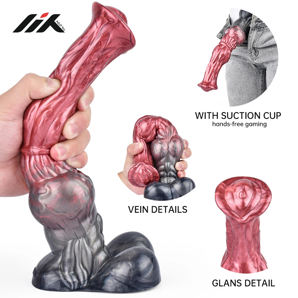 

10.23 " huge horse dildo with suction cup, liquid silicone red horse penis with realistic thick knot and veins, hands-free play