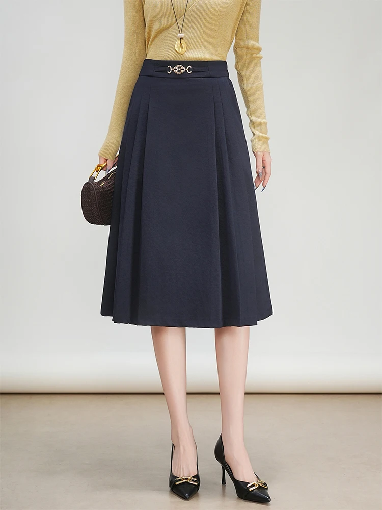 

ZUZK Women Solid A-Line Skirt Spring Autumn Elastic High Waist Midi Length Fashion Skirt Work Wear Skirt Black Navy