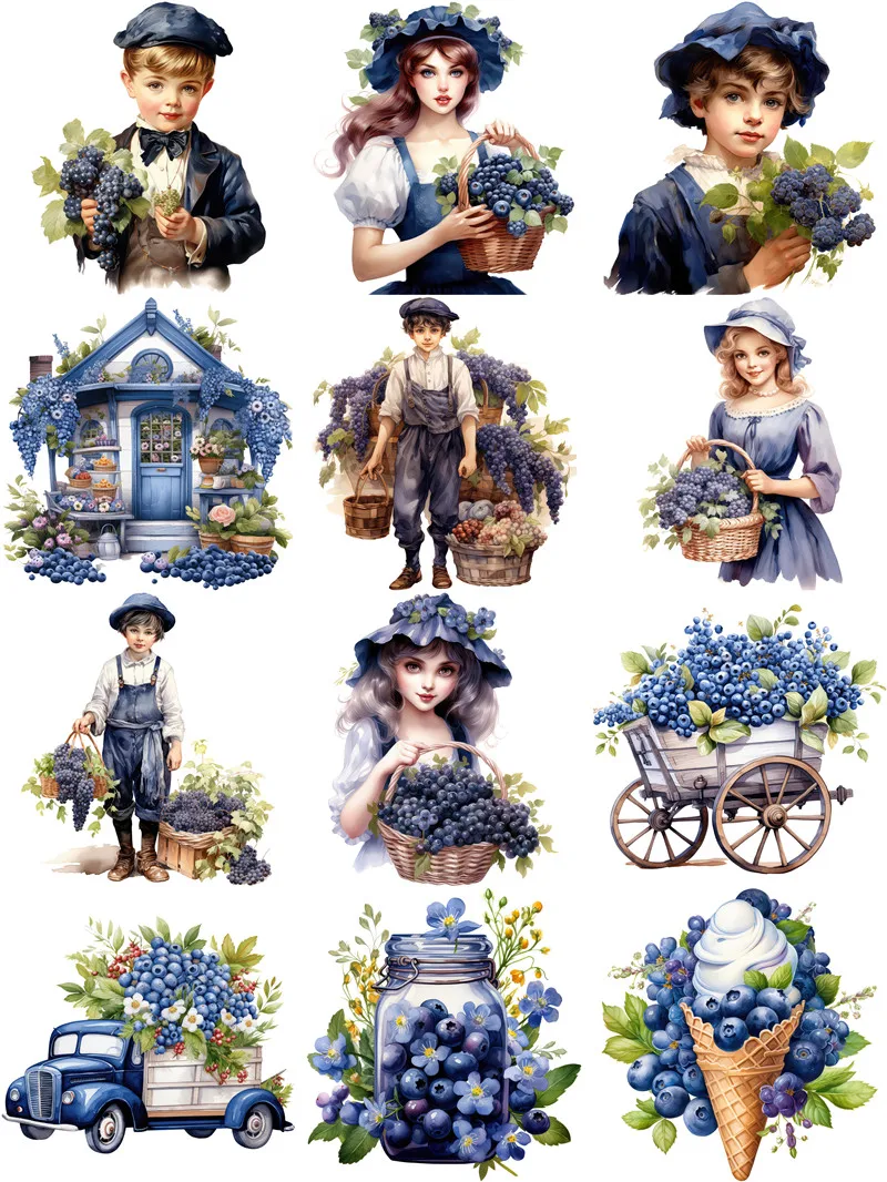 12Pcs/Pack Victorian Blueberries Sticker DIY Craft Scrapbooking Album Junk Journal Decorative Stickers