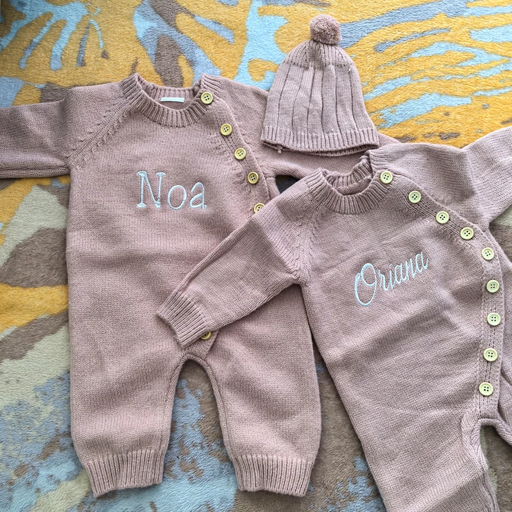 

Knitted Newborn Baby Jumpsuit Personalized Name Kid's Birth Gift Sweater Jumpsuit Crawling Suit Set Embroidery Baby Shower Gifts