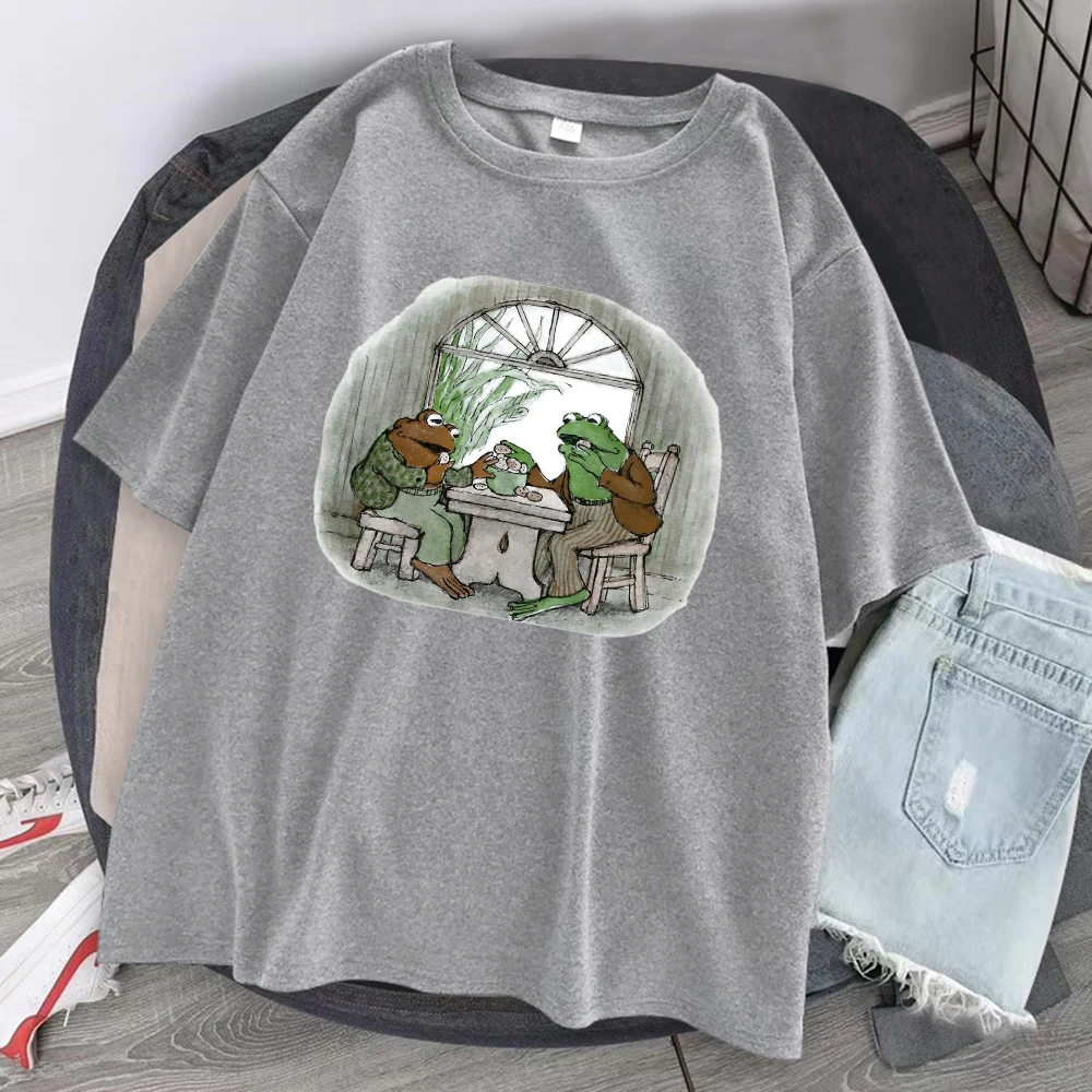 Cottagecore Aesthetic Frog And Toad Print T Shirt Men Summer Hip Hop Tops Short Sleeve Tee Clothes Casual 100% Cotton Streetwear