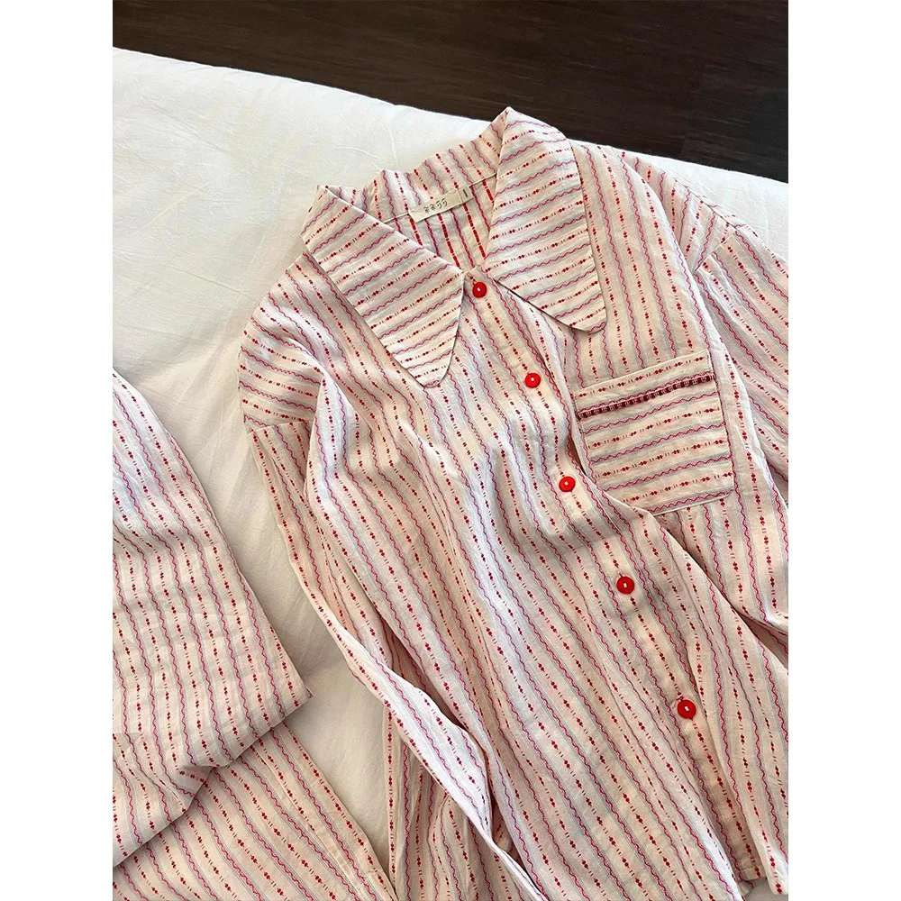 French-Style Striped Pajamas for Women, Spring and Autumn Long-Sleeve Set, High-End Feeling Cloud Cotton Gauze, Loose Home Wear