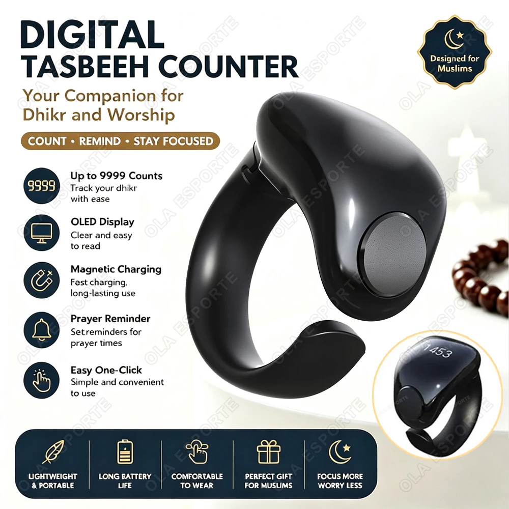 Smart Praise Zikr Ring for Muslim Tasbih OLED Digital Counter Tasbeeh Prayer Timer Vibration Reminder Type-C Rechargeable R12