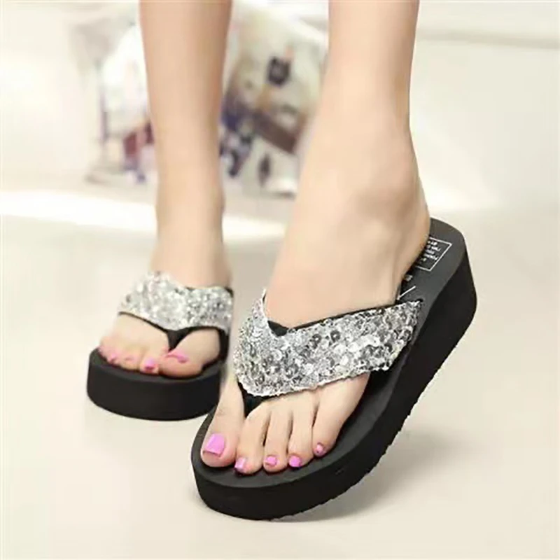 Summer Women Flip Flops Casual Sequins Anti-Slip Slippers Beach Thong Sandals Beach Open Toe Platform Shoes For Ladies Slides