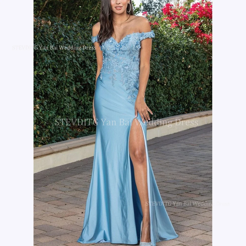

Graceful Satin Mermaid Prom Dresses For Women Fashion Off The Shoulder Sleeveless Lace Appliques Formal Party Reception Gowns