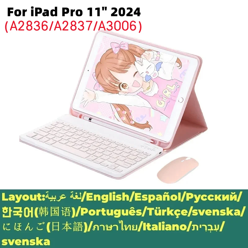 

For iPad Pro 2024 11" Case With Wireless Bluetooth Keyboard Cover Stand Mouse Russian Spanish Korean Arabic Hebrew Keyboard