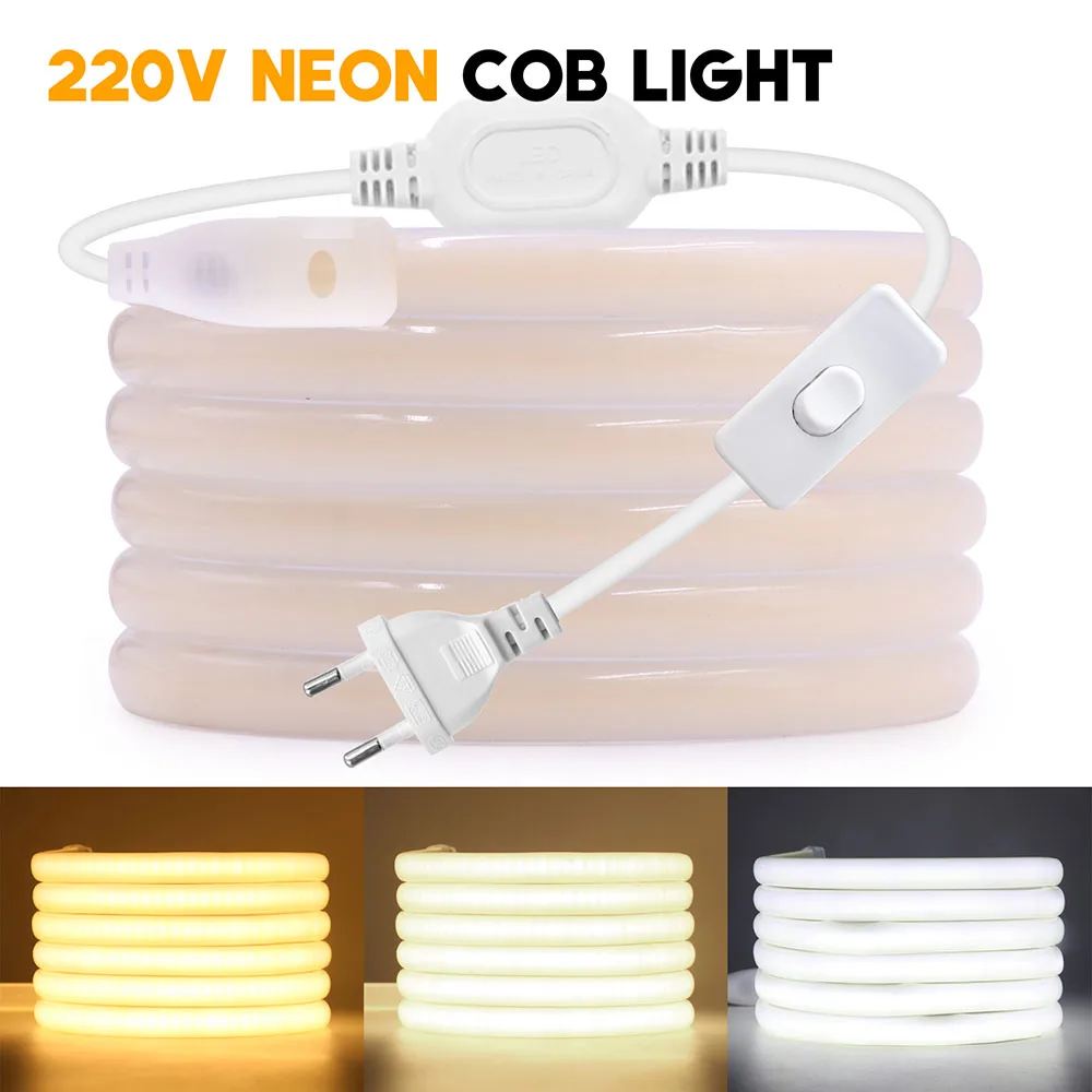 220V Switch COB LED Neon Strip Light Flex 288LED/M Waterproof Lamp Warm White Room Garden Lighting 0.5m 1m 2m 5m 10m 20m 30m 40m