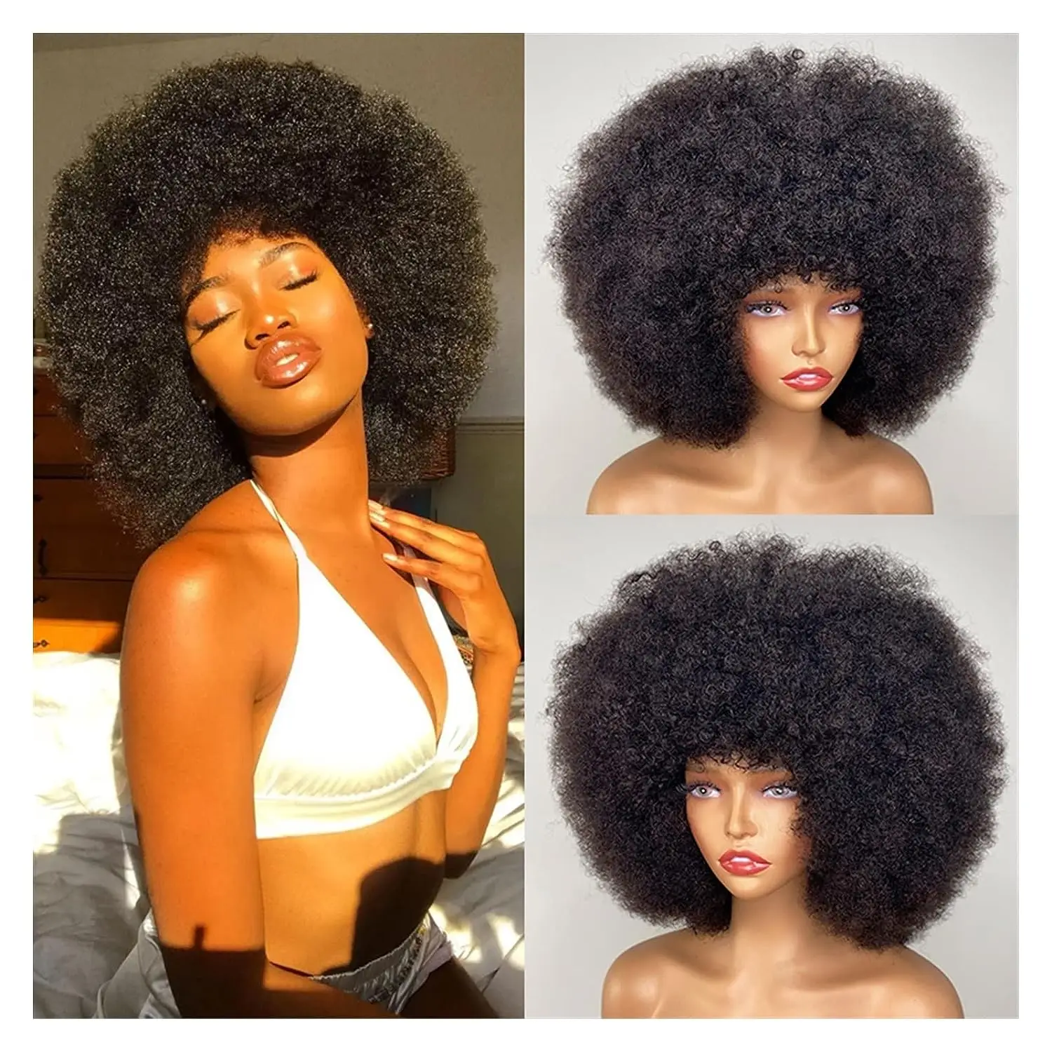 Afro Kinky Curly Short Human Hair Wigs With Thick Bangs Fluffy Natural Bob Wig Glueless Brazilian Full Machine Made Wigs On Sale