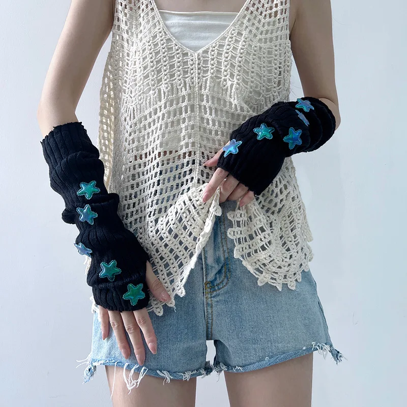 Y2K Knitted Oversleeve for Women Fashion Star Fingerless Knit Gloves Warm Woolen Arm Warmer Japanese Girls Lolita Jk Accessories