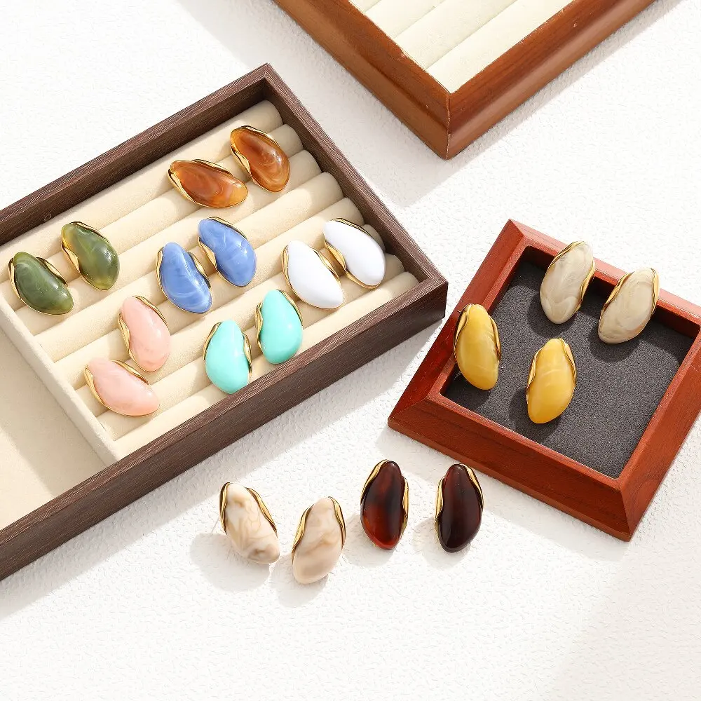 Waterproof 14K Gold Plated Stainless Steel Earrings Multicolor Marble Finish Resin Acrylic Mussel Shell Stud Jewelry for Women
