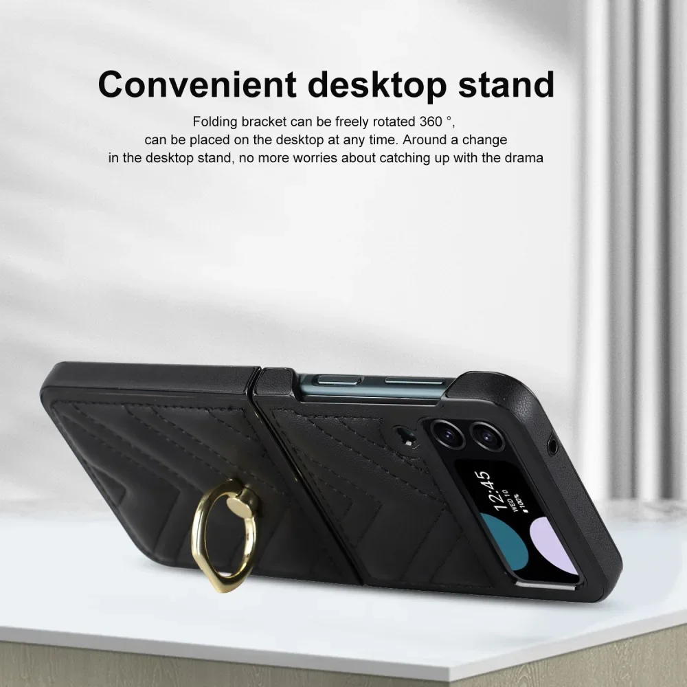 Solid Color Leather Flip Phone Case for Samsung Galaxy Z Flip6 & Z Flip5 with Finger Ring