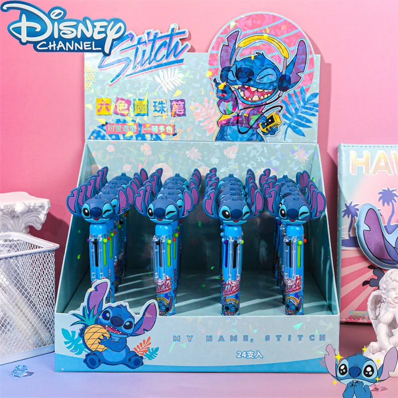 Disney Stitch 6 Color Ballpoint Pen Cartoon Kawaii Anime Press Ballpoint Pen Note Color Mark Children Stationery School Supplies