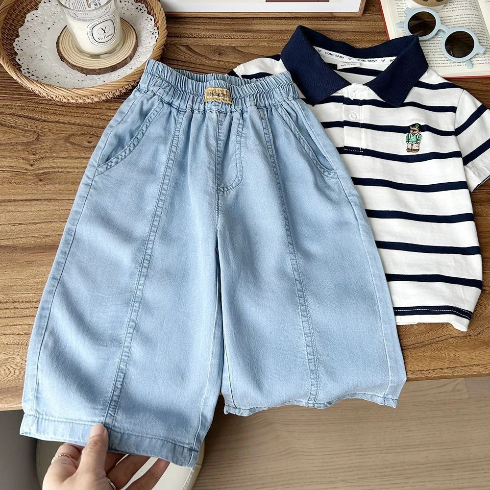 Children's Ice Silk Cool Feeling Denim Mosquito Repellent Pants Summer Boys and Girls Wide Leg Korean Style Loose and Soft