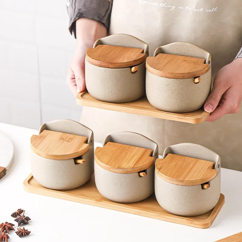 

3Pcs Japanese Style Ceramic Seasoning Jar Bamboo lid Spice jar Spoon Kitchen Sugar Salt Spices Storage Box Household Container