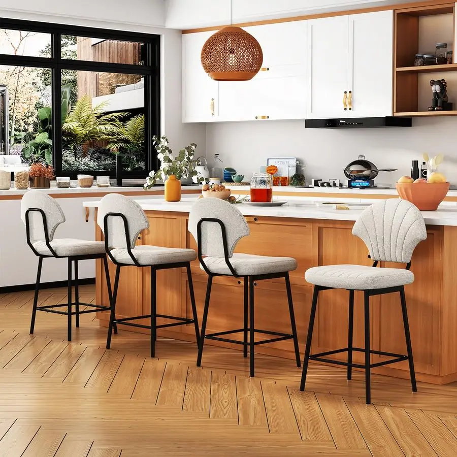 

Shaped Bar Stools Set of 4, Counter Height BarStools with Backrest, Island Chairs with Metal Legs and Footrest, Modern Barstool